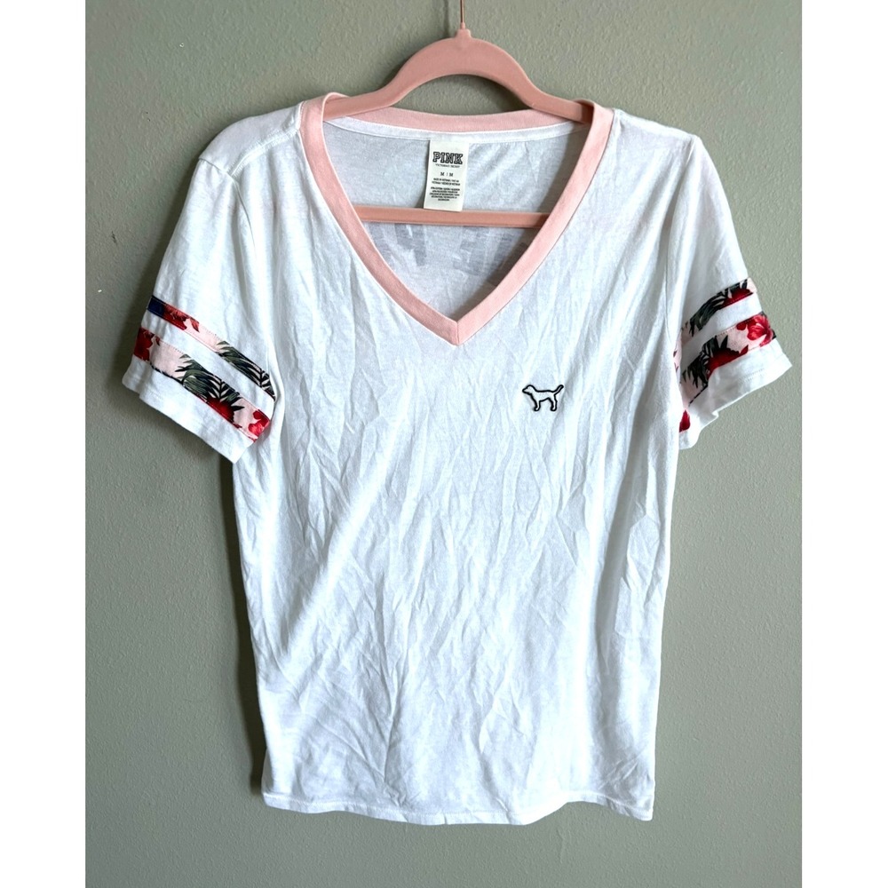 Victoria's Secret PINK White V-Neck‎ T-Shirt Floral Dog Graphic Logo Medium